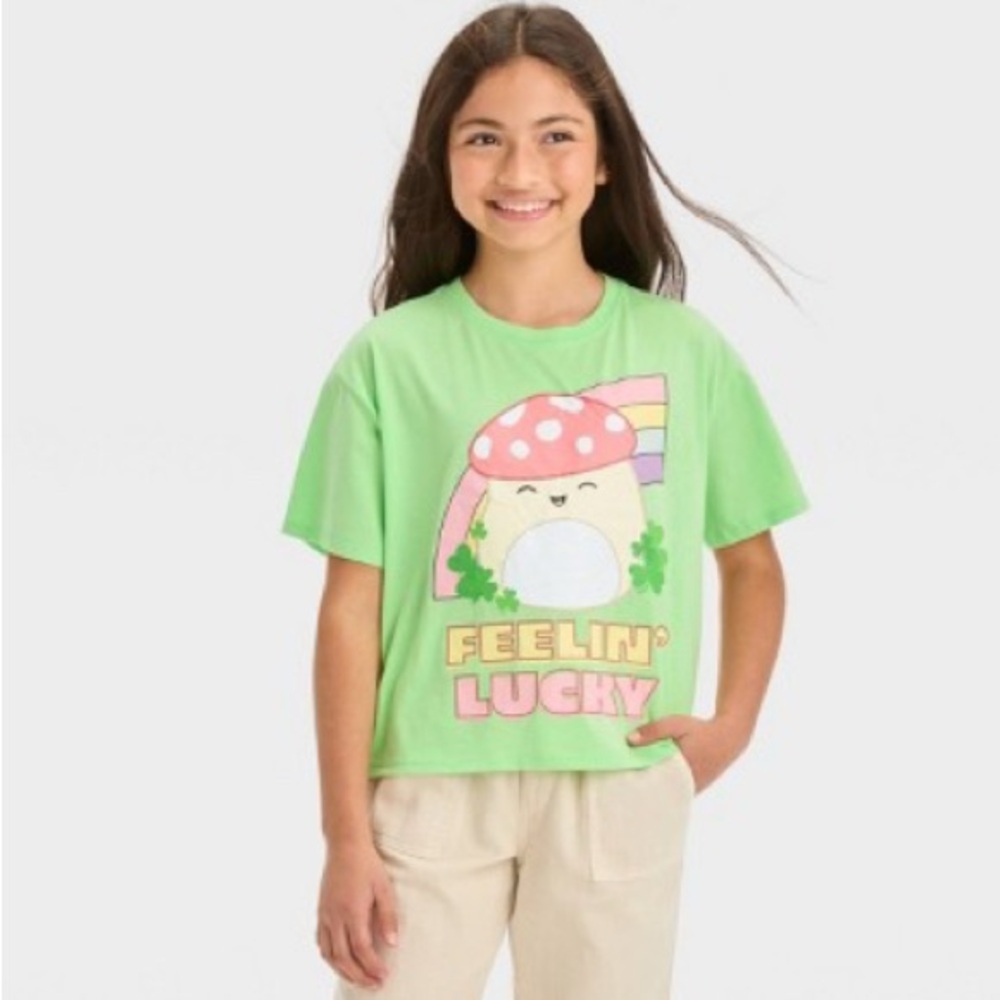 Squishmallows Girl’s graphic tee Malcolm the Mushroom XS NEW St. Patrick's Day
